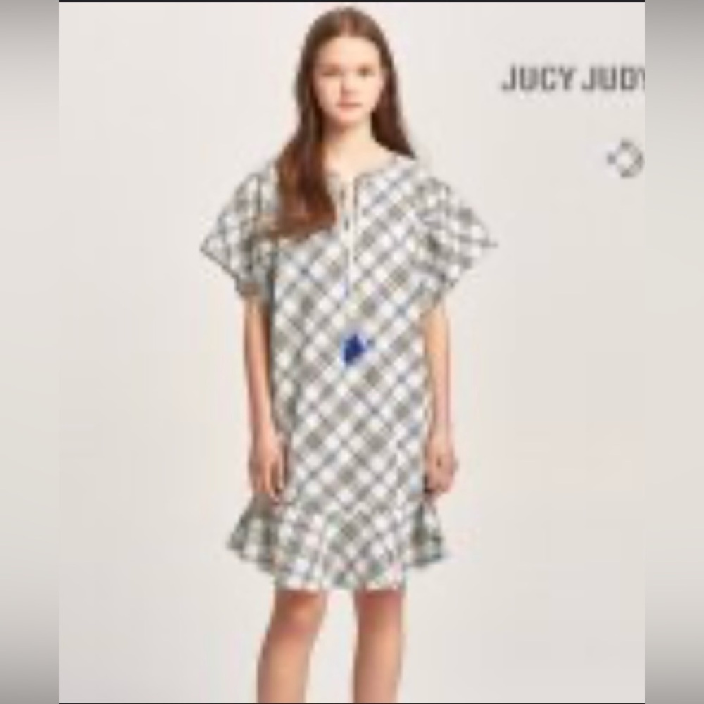 Jucy Judy White Plaid Ruffle Boxy Mini Dress Minimalist‎ Korean Streetwear
